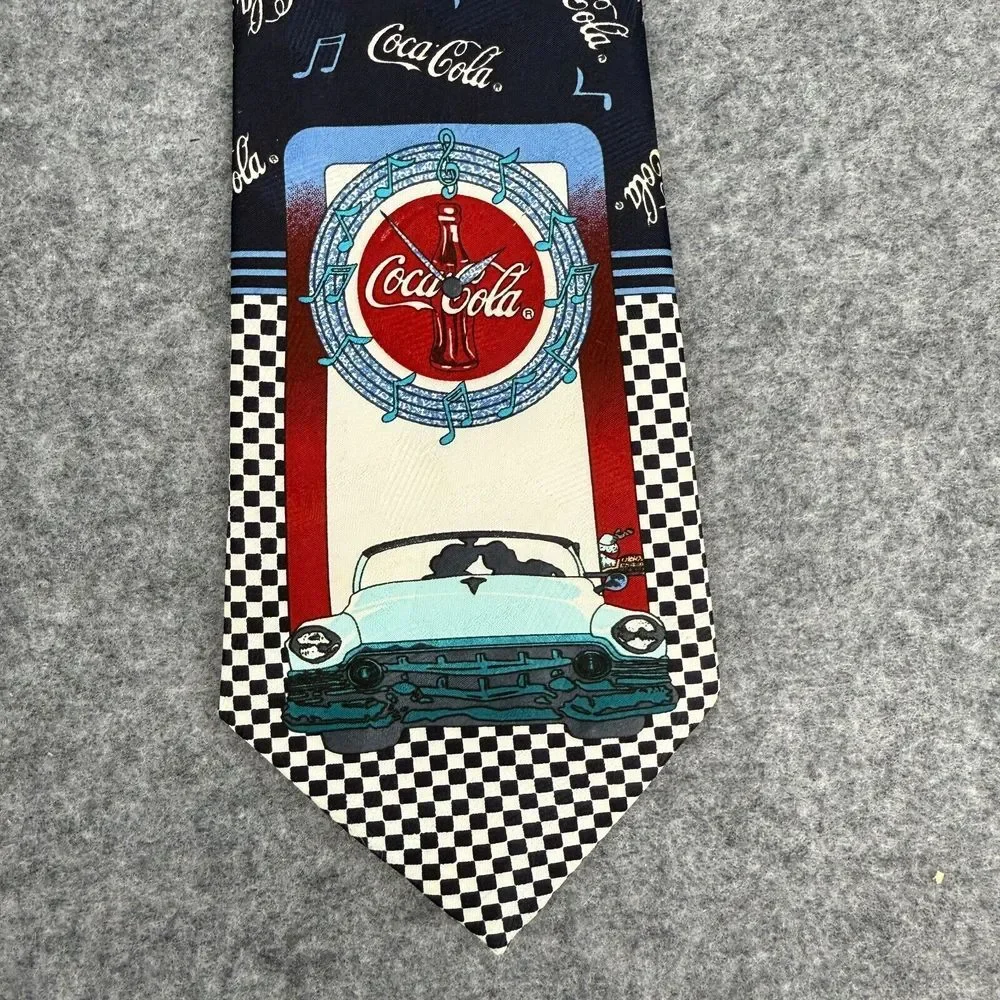 Vintage Coca Cola Mens Neck Tie Music Notes Car Print Checkered Office‎ Work
